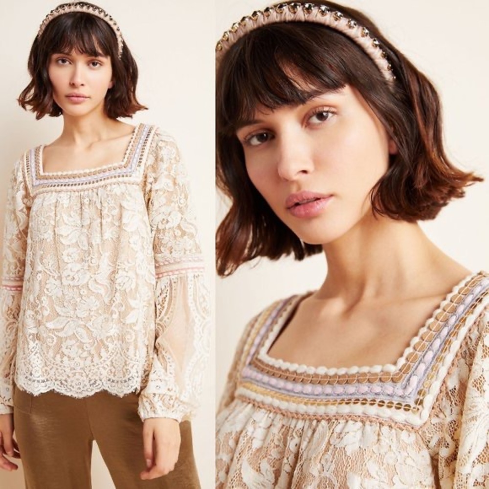 ANTHROPOLOGIE Bl^nk Eden Cafe Cream Lace Top